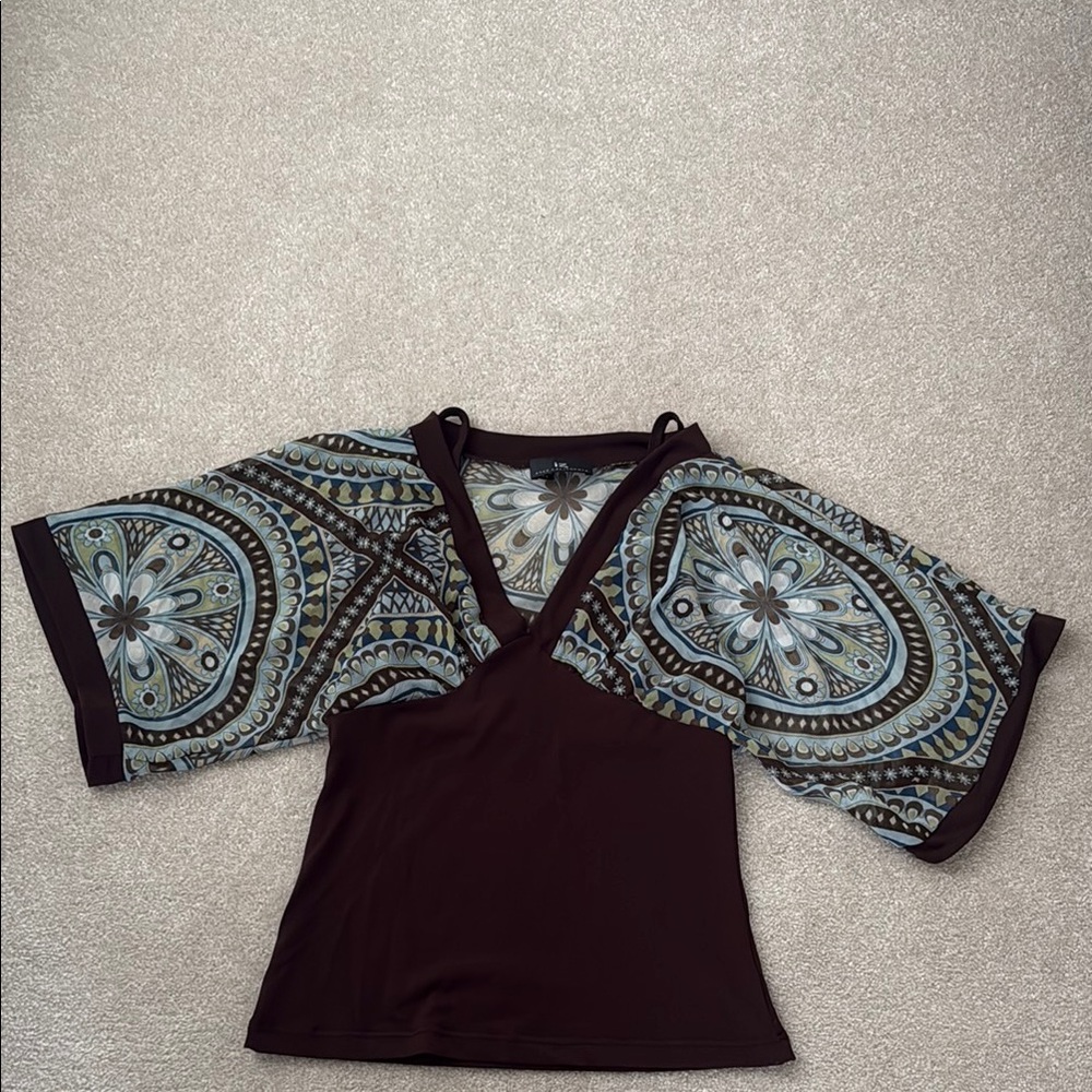 Iz Byer Blue and Brown Asymmetrical Wrap Blouse